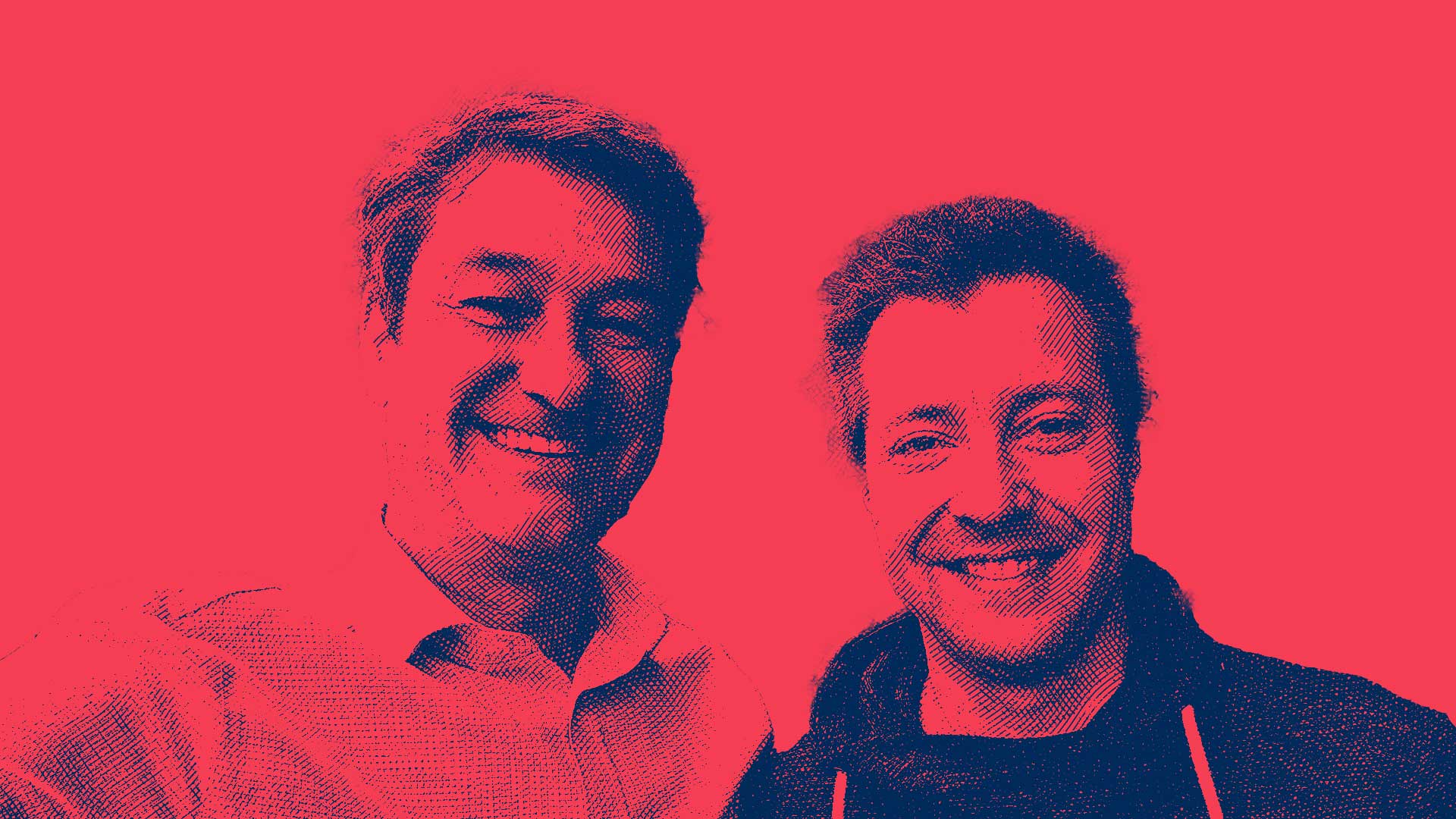 Porträt von Franz und Stefan, dem Team hinter AMGD, mit einem freundlichen Lächeln im stilisierten rot-gefilterten Bild.